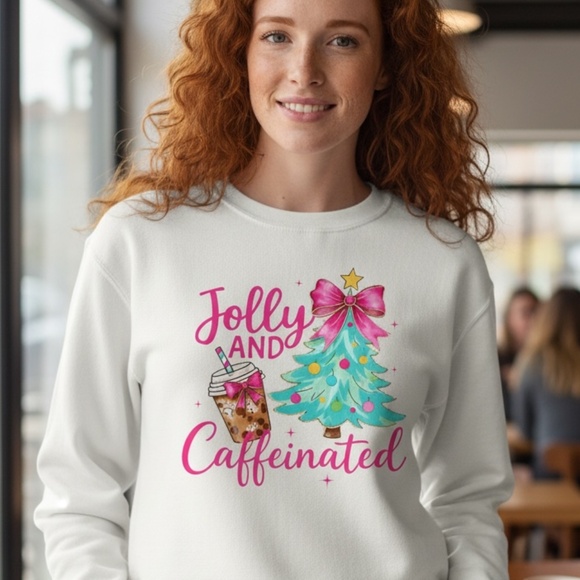 Jolly and Caffeinated Sweatshirt White. Funny S M L XL XXL New Custom gifts - Picture 2 of 8